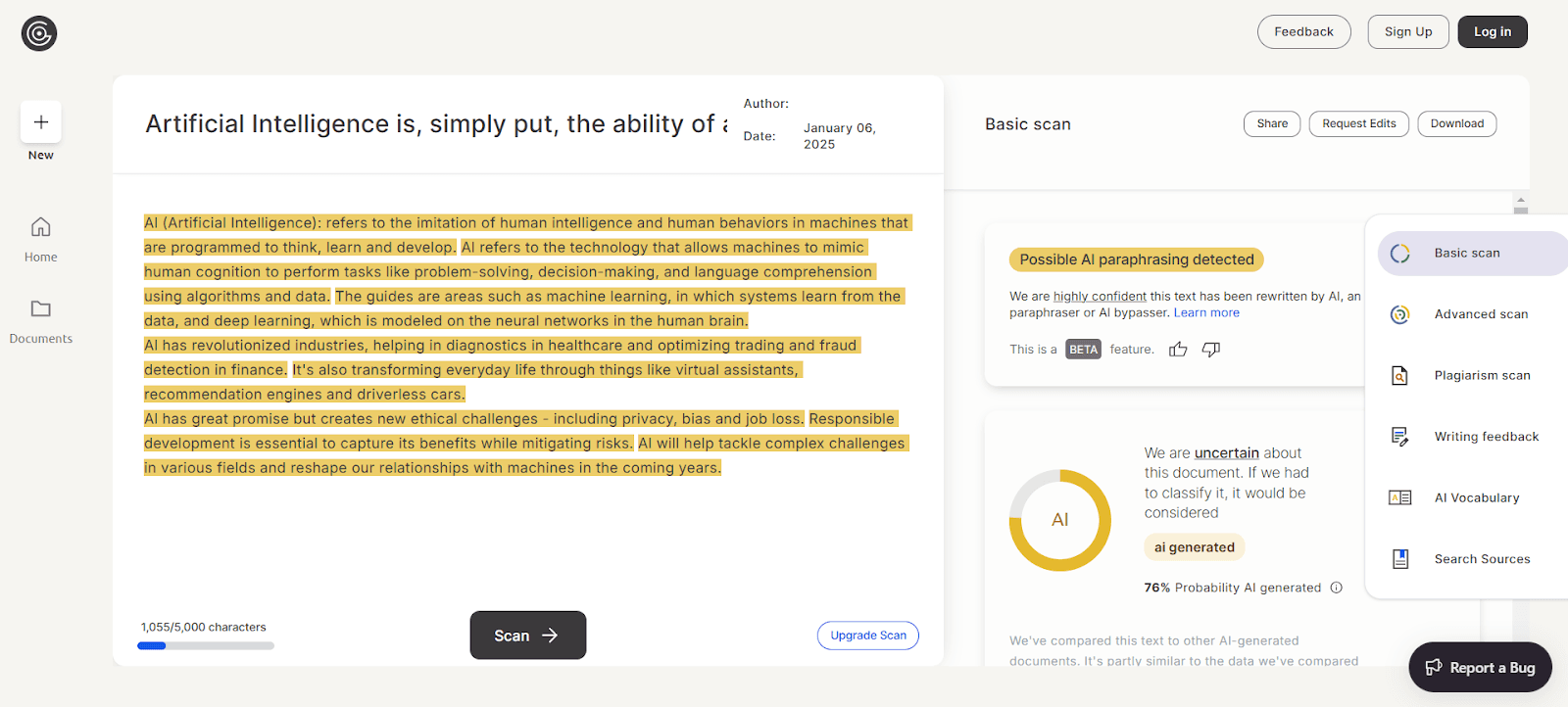 Screenshot of GPTZero analyzing text, showing "Possible AI paraphrasing detected" with 76% probability of AI generation. Highlighted text is identified.