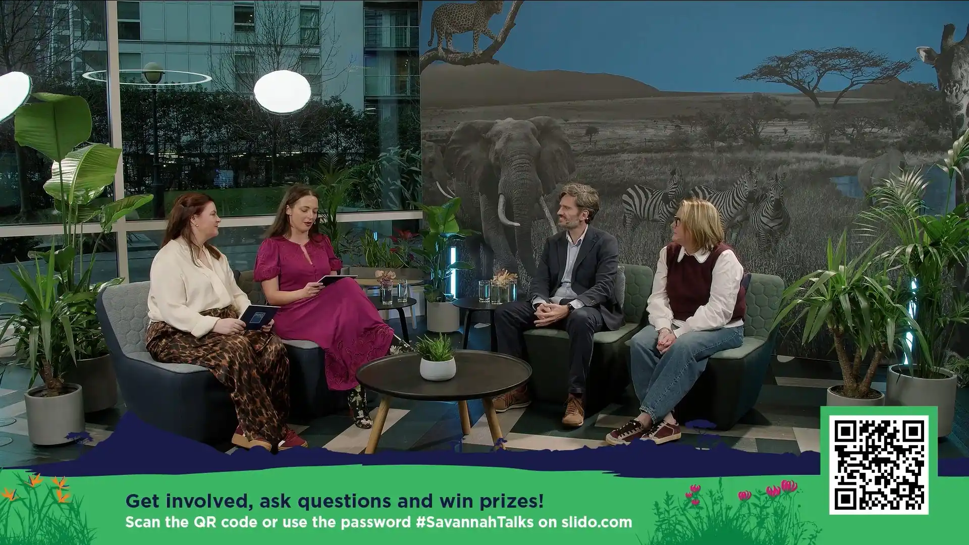 Wide shot of a live studio panel being filmed for the Bupa Strategy Cascades, surrounded by lighting and production equipment