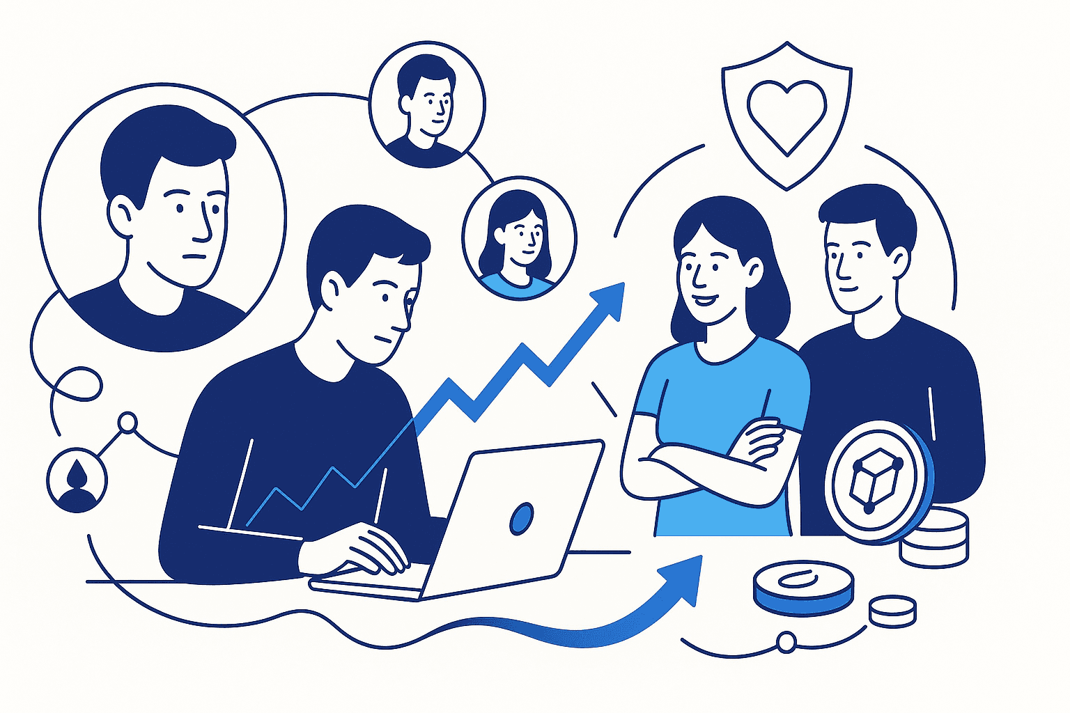 Illustration of people working on laptops with charts, icons of faces, and symbols indicating teamwork and communication.