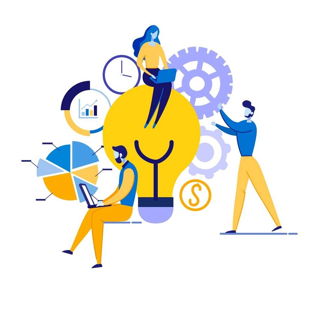 Illustration of a marketing team analyzing data around a lightbulb with charts and gears representing campaign strategy