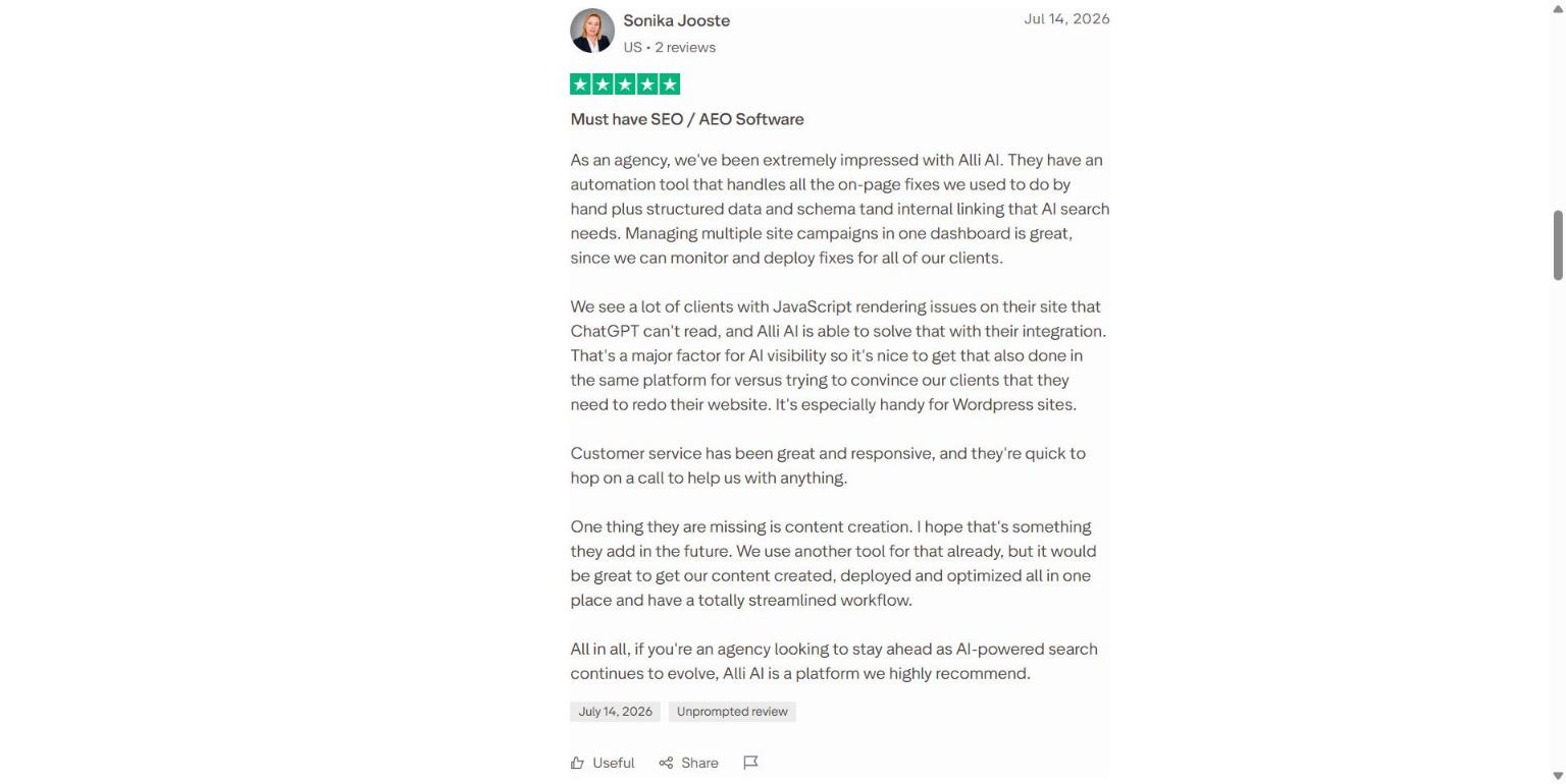 Trustpilot review from an agency praising Alli AI's on-page automation but noting it is missing content creation
