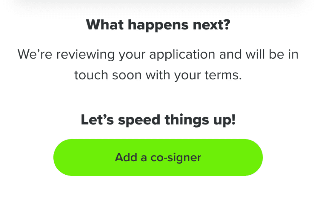 End of checkout flow - add a co-signer CTA