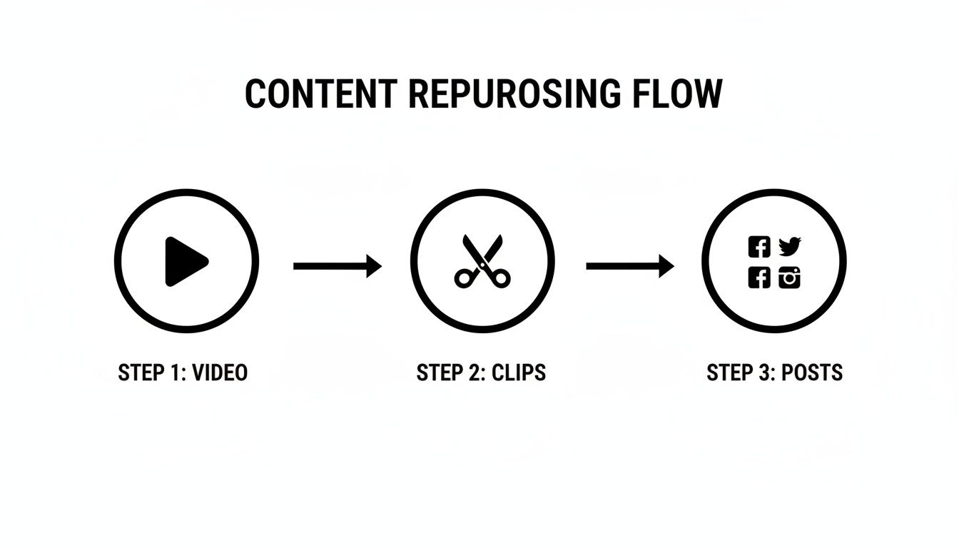 Flowchart showing content repurposing: video to clips to social media posts for efficient content strategy.