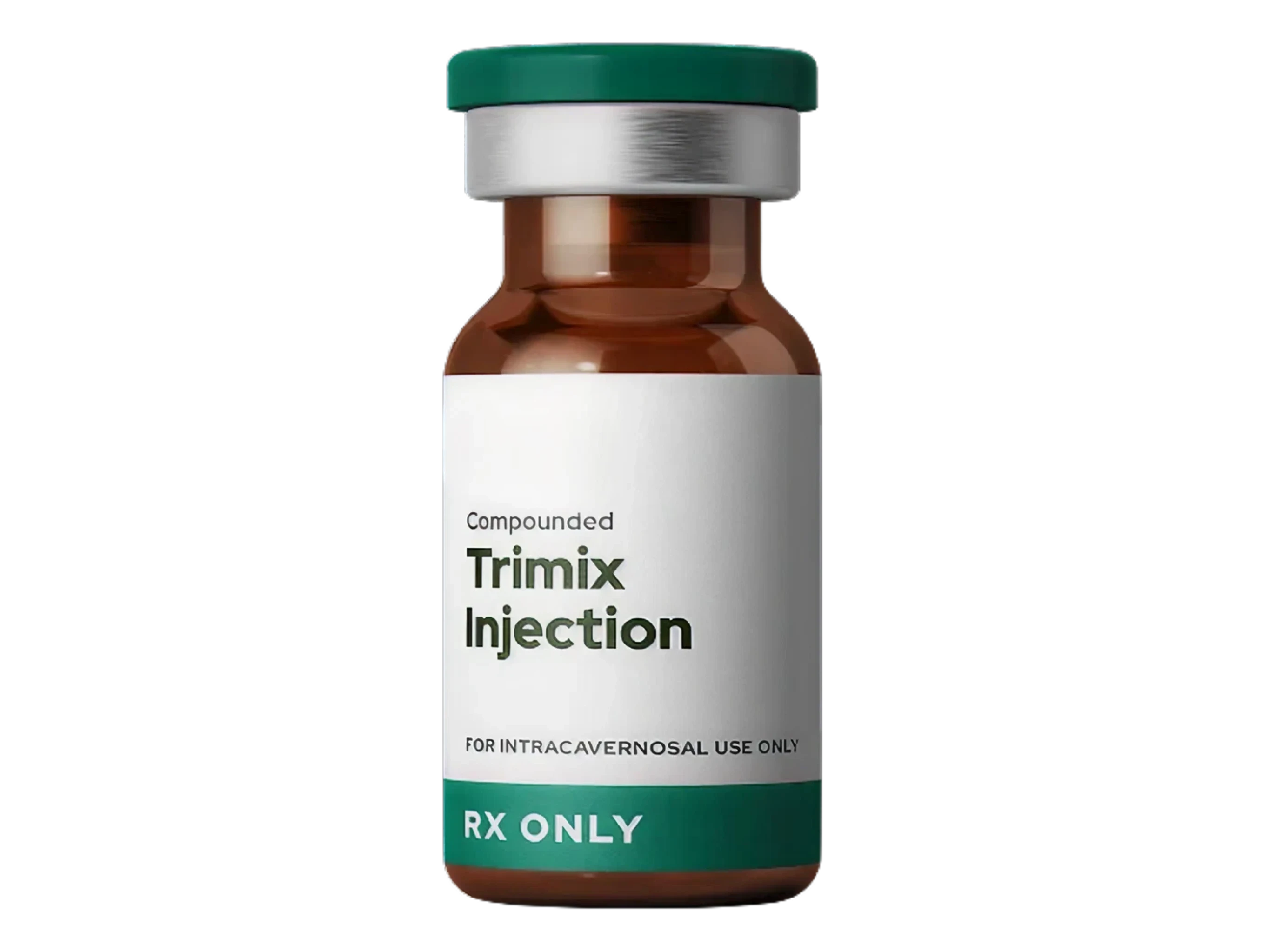 Brown glass vial with a green cap, white label displaying "Henry, Compounded Trimix Injection, RX Only."