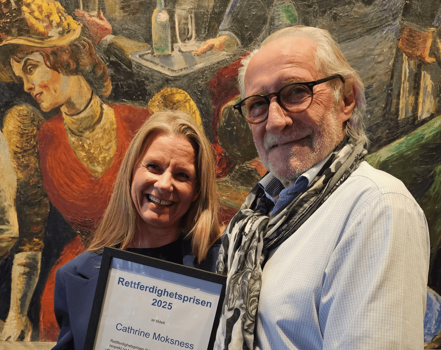 Cathrine Moksness og Knut Lunde, styreleder i Stiftelsen Rettferd