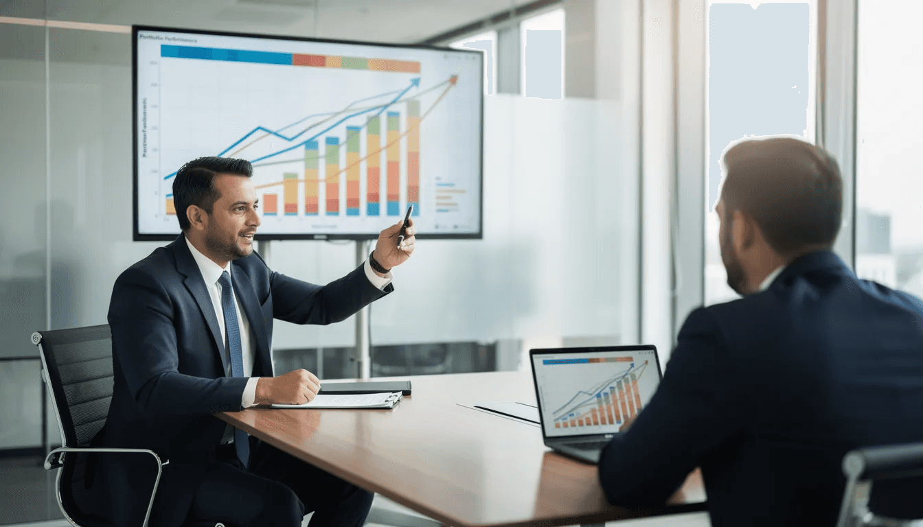 A financial advisor is pointing at a colorful performance chart during a client meeting, illustrating the annual returns of various asset classes and emphasizing the importance of a diversified portfolio for investors. The chart represents the history of investment returns, highlighting both the best and worst performance over time.