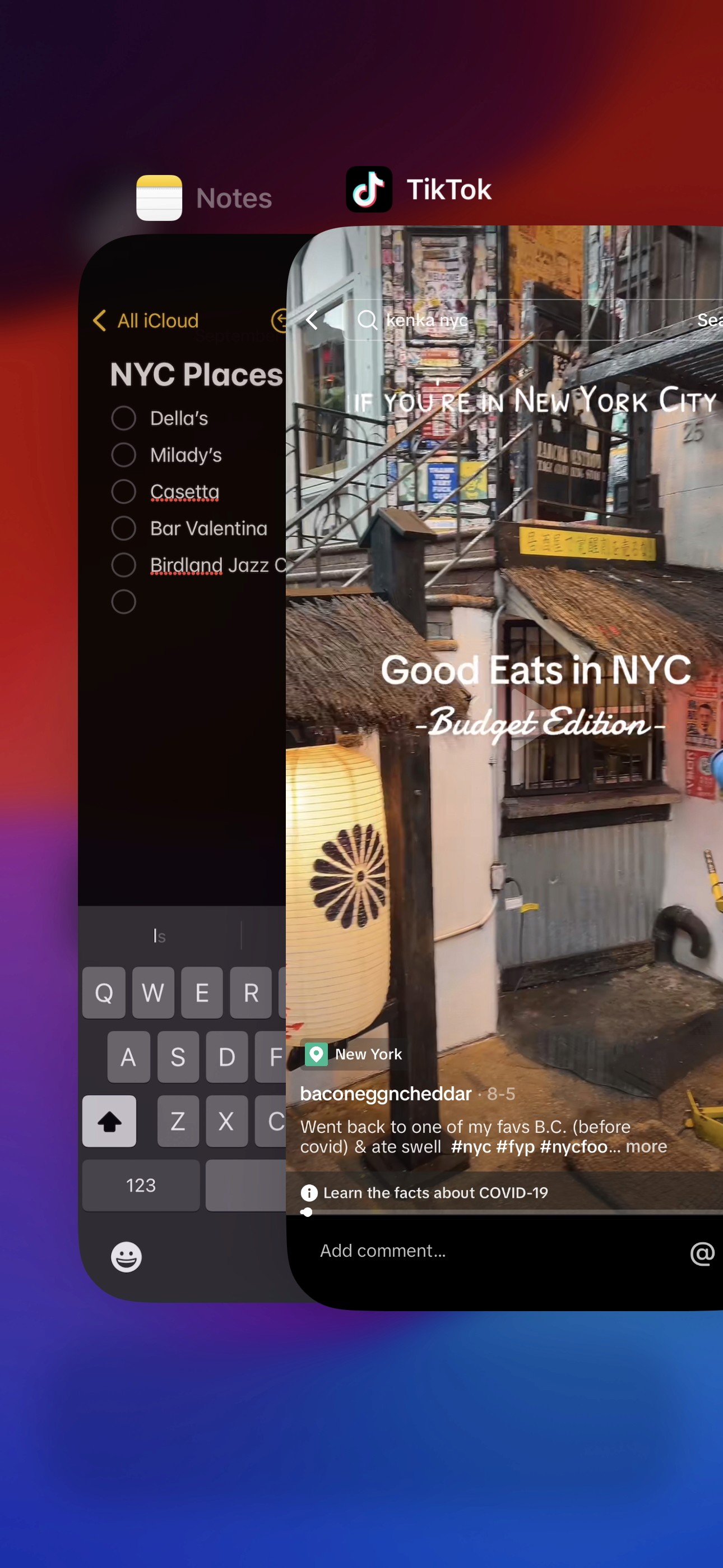 A mobile phone showing a split-screen view with the Notes app on one side and a TikTok video on the other. The Notes app lists NYC places while the TikTok video features a 'Good Eats in NYC' guide. The text beside it reads, 'No more switching to your Notes app to save that restaurant, recipe, or movie. Gem handles it for you.