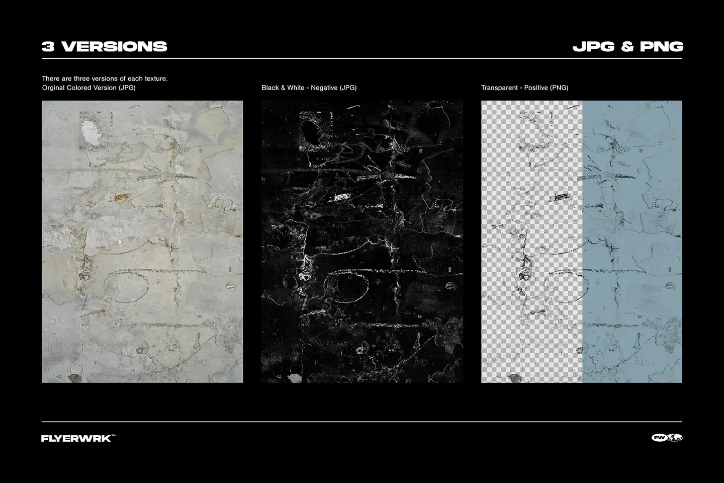 Grunge texture versions showing original color black and white negative and transparent positive PNG variations