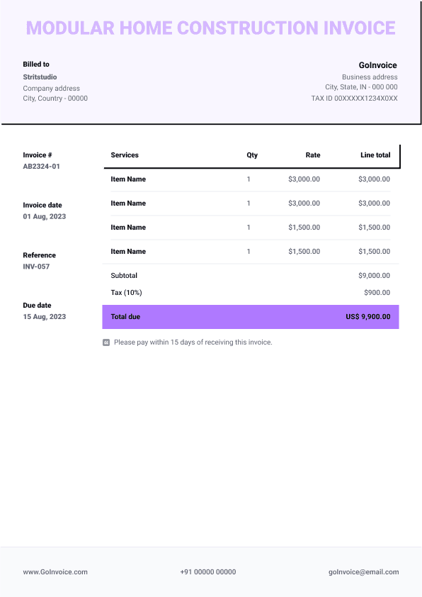 Modular Home Construction Invoice