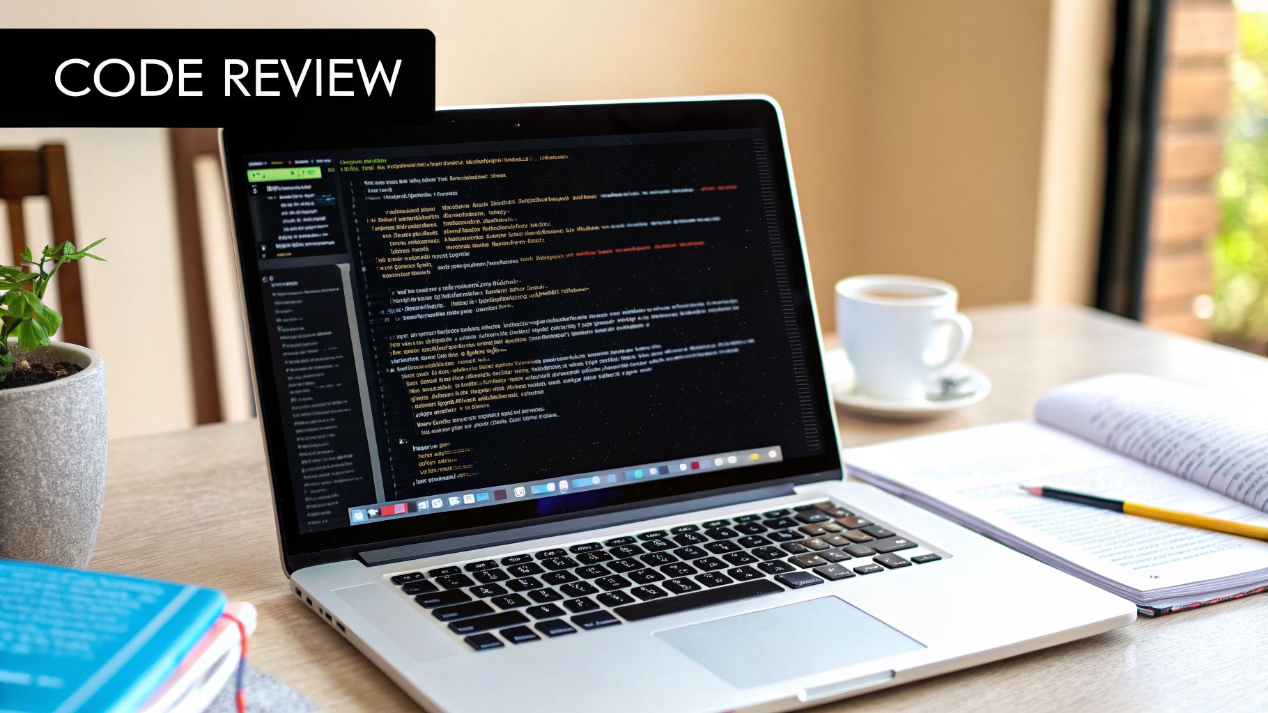 Laptop displaying code on screen with 'CODE REVIEW' text, coffee, and notebook on a desk.