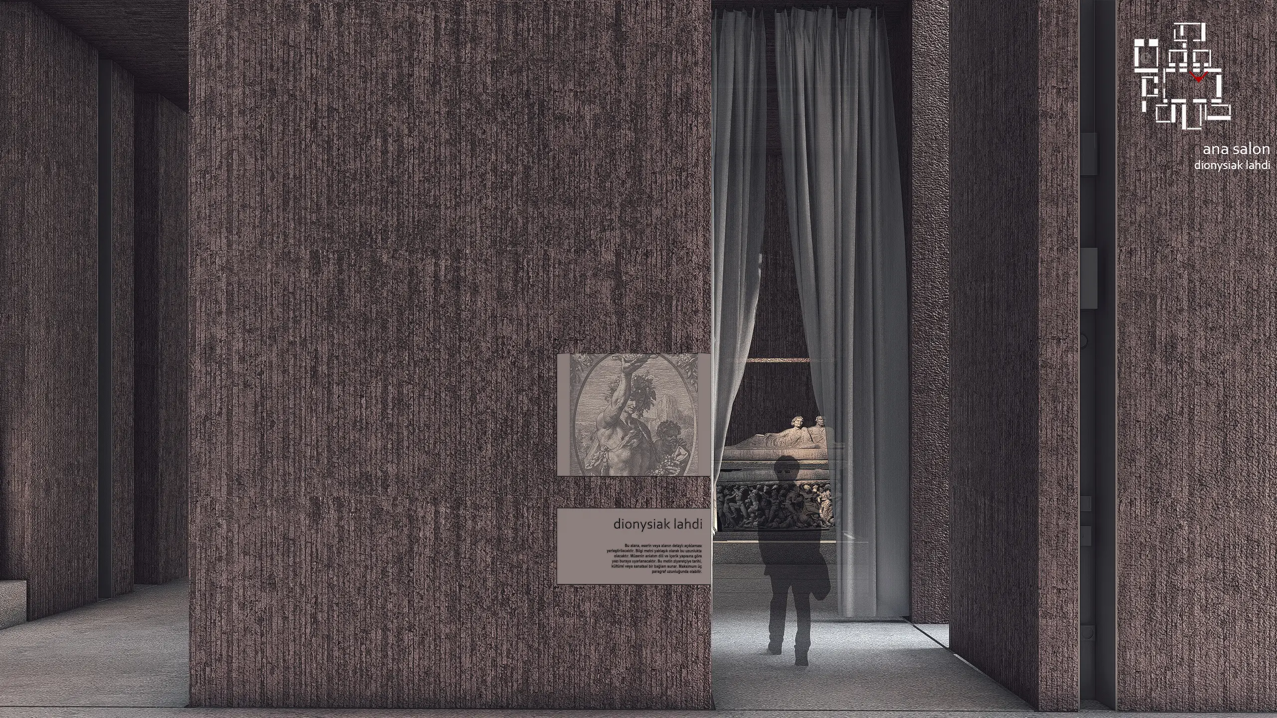 Main hall, with the Dionysiac sarcophagus displayed behind curtains