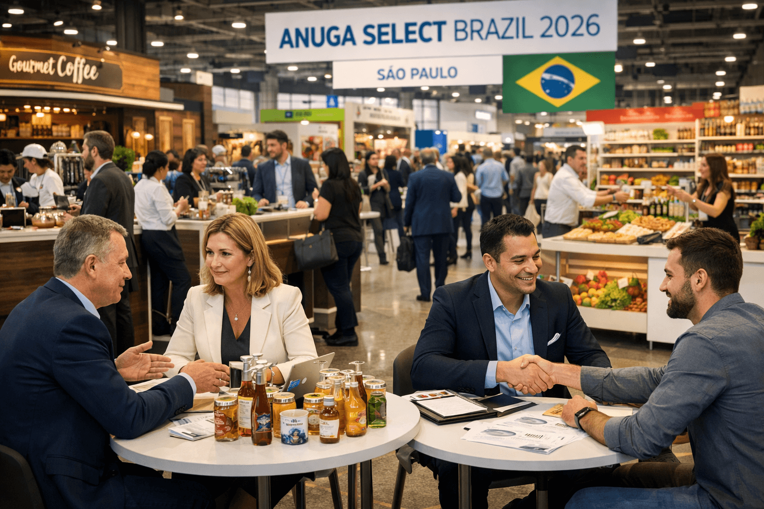 Feira de alimentos e bebidas em ambiente de exposição moderno, com estandes bem iluminados, produtos organizados e profissionais em reuniões comerciais, incluindo negociações em mesas e um aperto de mãos entre dois participantes, representando fechamento de negócios.
