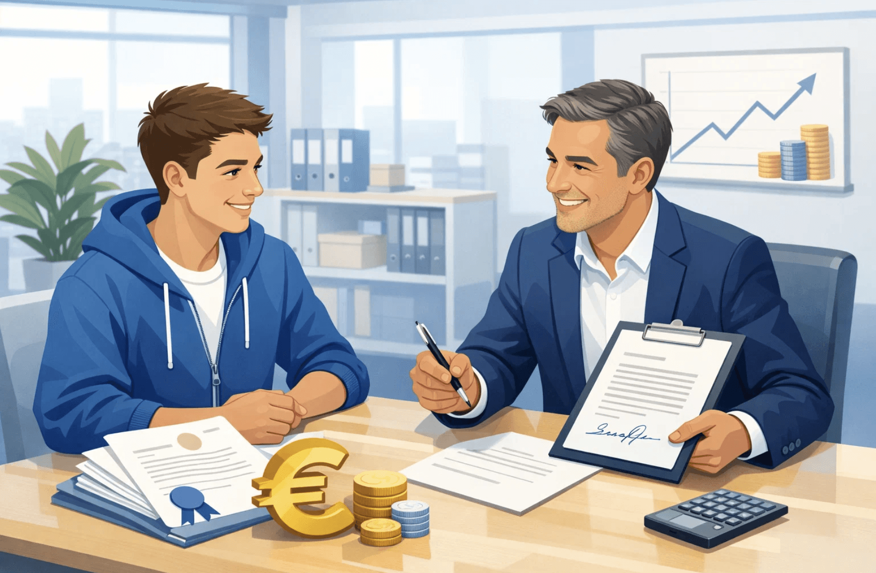 Illustration d’un employeur recevant un apprenti dans un bureau pour signer un contrat, avec symbole euro, documents administratifs et éléments visuels liés à l’aide apprentissage 2026.