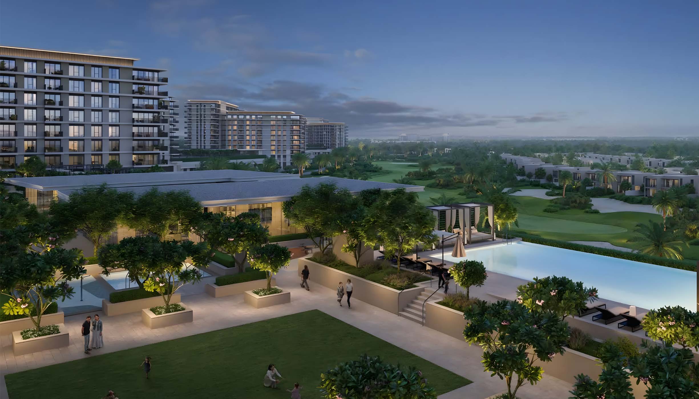 Golf Hills at Emaar South at night, featuring a tranquil swimming pool and illuminated trees.