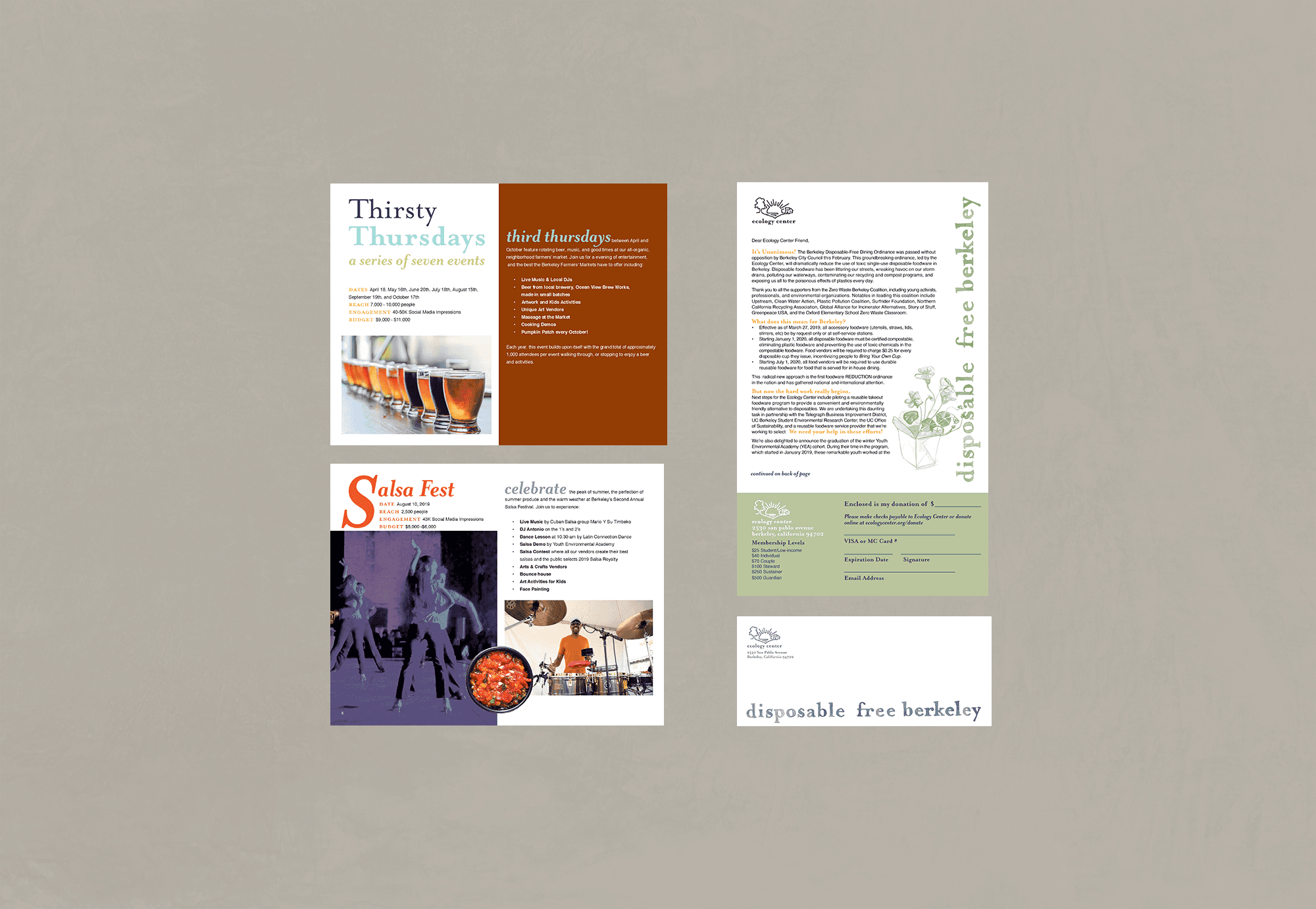 Development Materials for Ecology Center including two spreads from a brochure on partner events as well as a spring appeal letter and envelope with custom-branded watercolor illustration.
