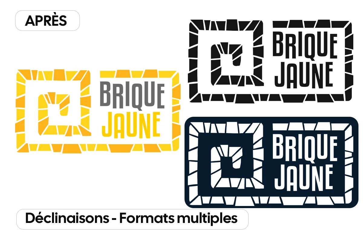 Déclinaisons du logo Brique Jaune en version standard, noir, et blanche.
