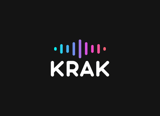 Custom sound wave icon in vibrant blue, pink, and purple over black background. Krak media platform interface displayed on a tablet and hands holding a tablet showing the neon-lit website.