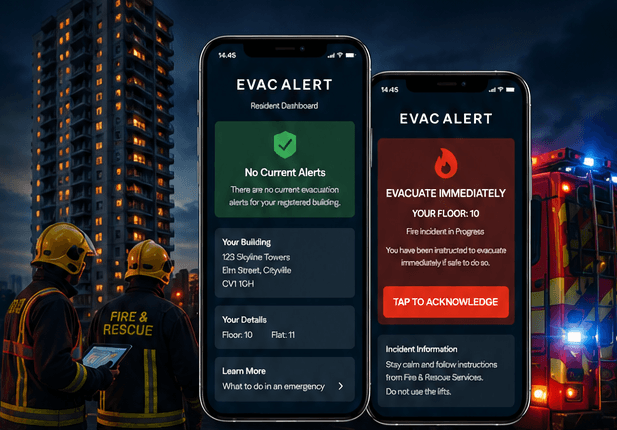 Evac Alert app demonstration showing resident alert screens, alongside a high-rise building and firefighters.