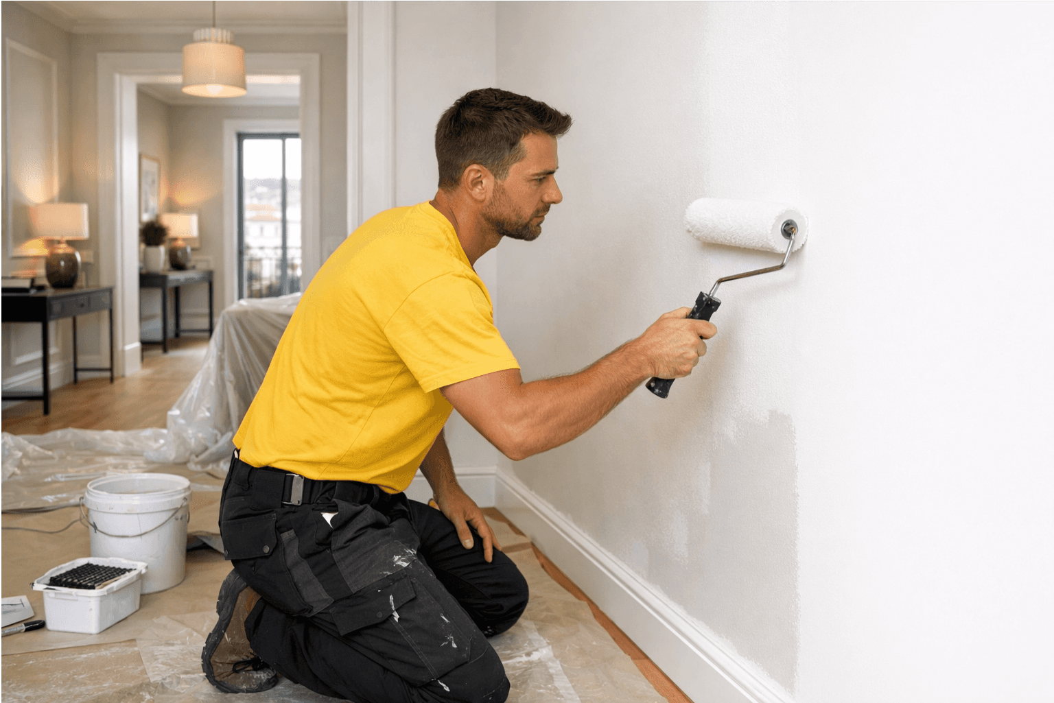 Homem pintando parede de interior