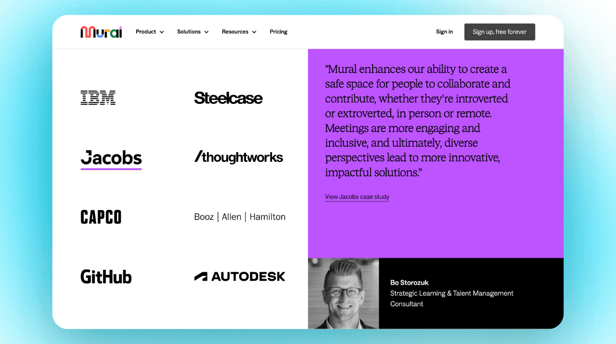 Testimonials below the fold, right after key features on Mural's landing page