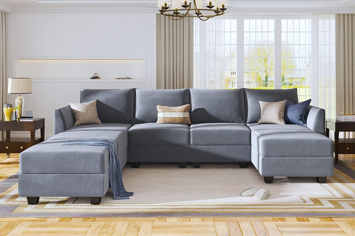 Modular sofa with storage combining 100% polyester fabric and a sturdy wood frame