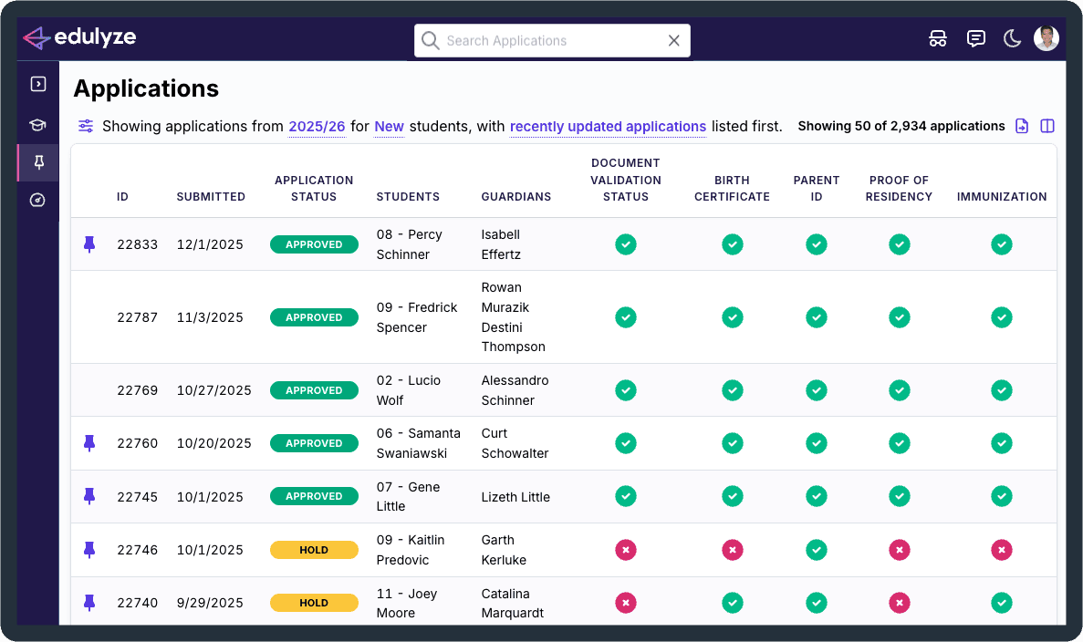 Edulyze enrollment document verification dashboard showing automated birth certificate and ID verification for K-12 schools