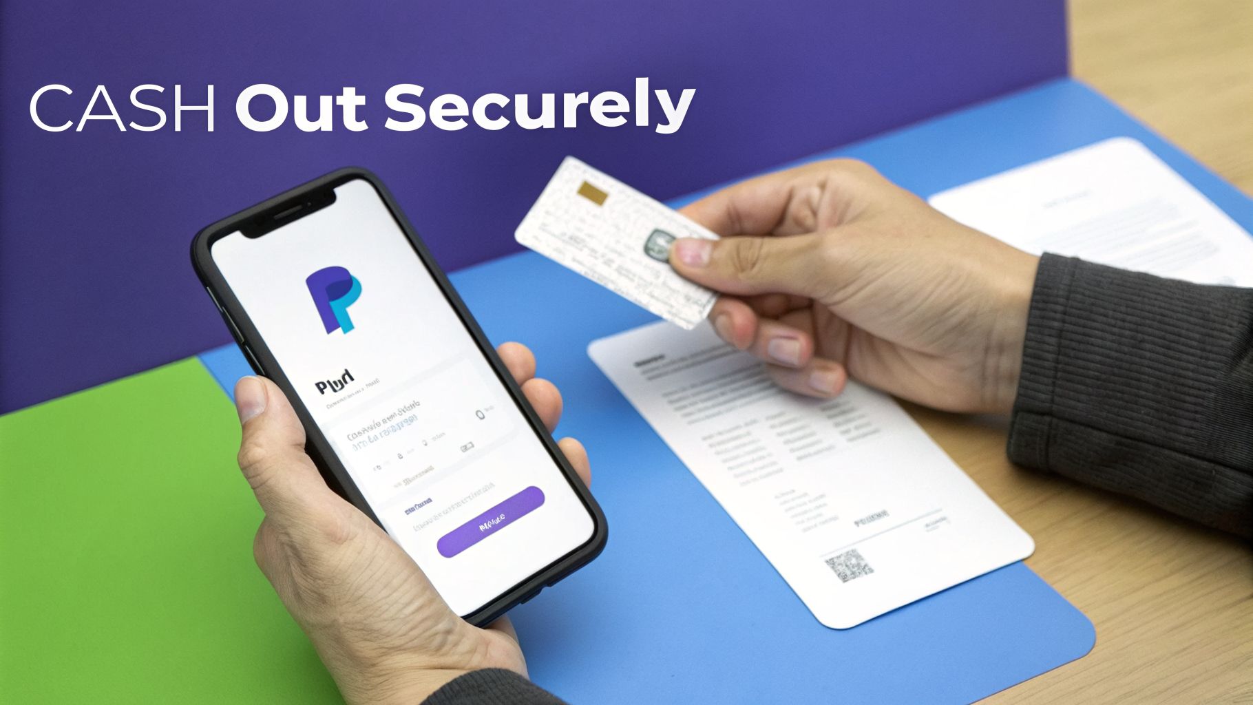 Close-up of hands using a smartphone payment app and a credit card to cash out securely.