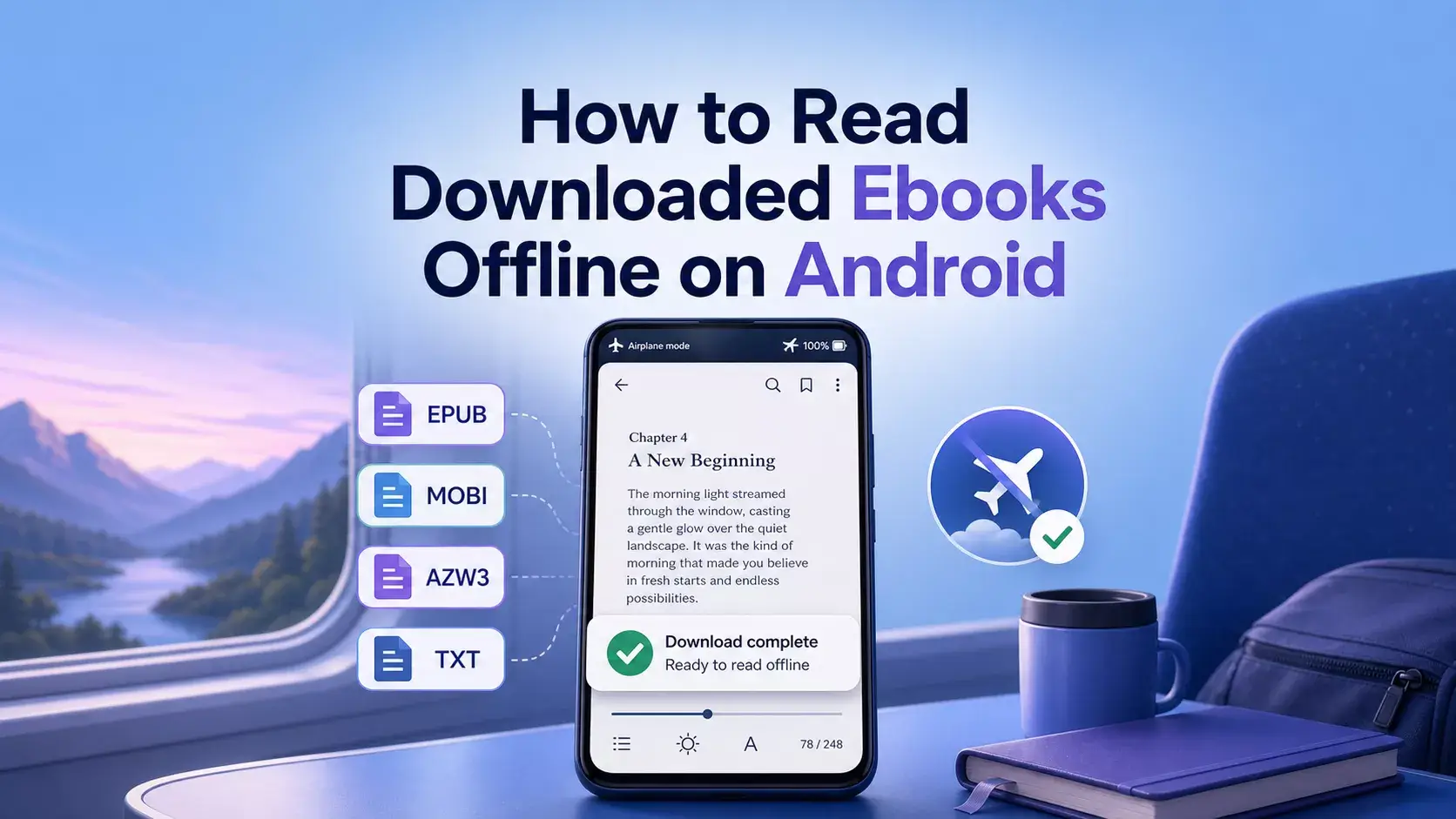 An ebook open on an Android phone in airplane mode after download completion.