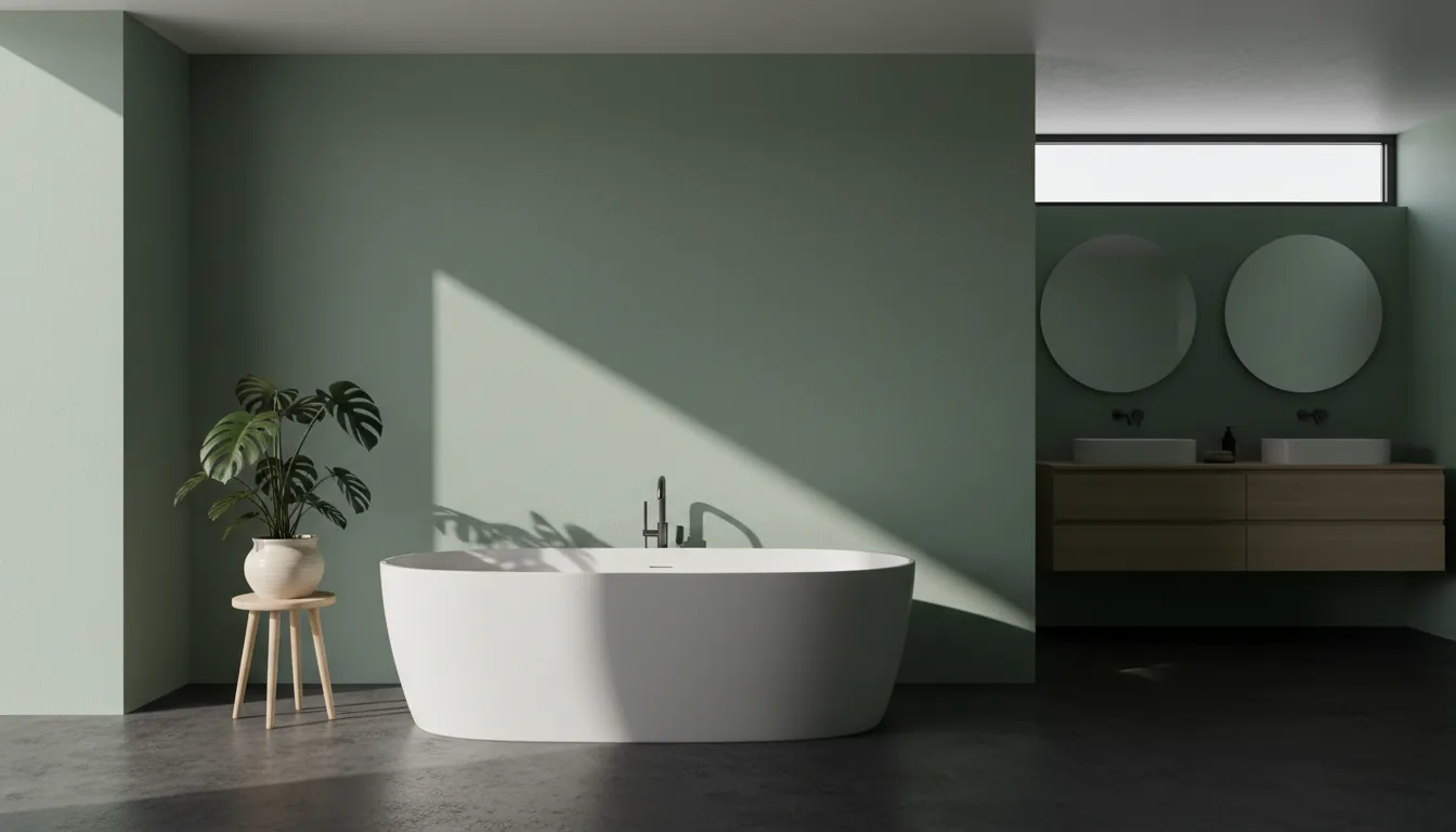 Photorealistic 3D architectural render of a modern minimalist bathroom, created in Enscape or Lumion, featuring a freestanding white matte bathtub on a dark concrete floor. The walls are painted a sophisticated sage green, dramatically lit by a hard, diagonal shaft of natural daylight from the left, creating strong cinematic contrast and sharp shadows from a silhouetted plant in the foreground. Another smaller monstera plant in a pot sits on a light wood stool. The composition is a wide-angle shot, providing a view into an adjoining space with a modern vanity and a high clerestory window.