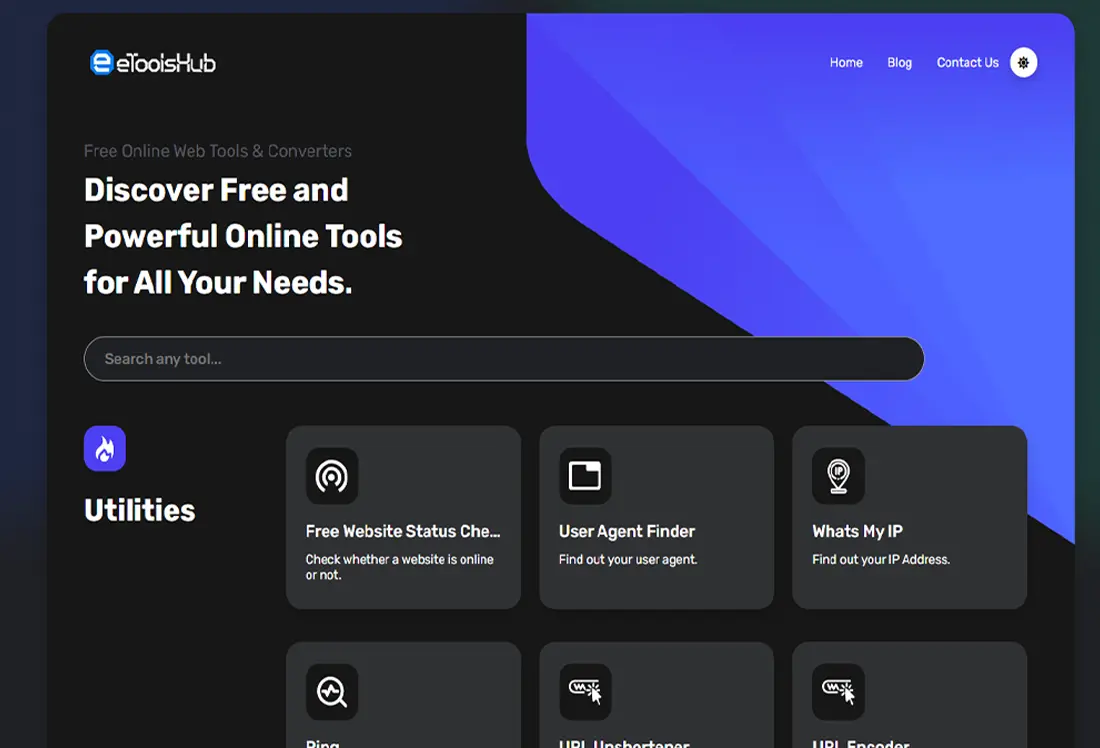 A vibrant screenshot of the eToolshub homepage, featuring a clean layout with a prominent tool directory, bold typography, and a user-friendly design in a blue and white color scheme.