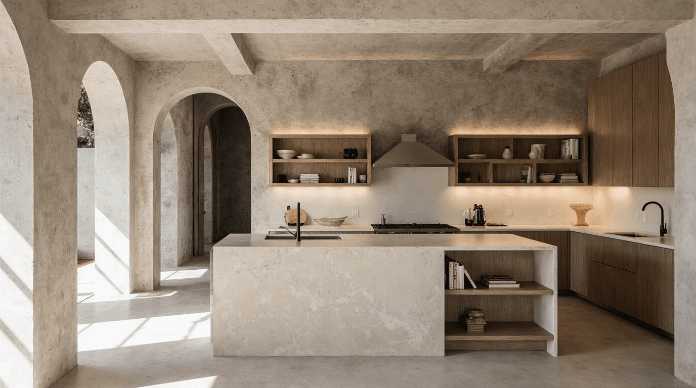 Softly lit kitchen with natural stone countertops, wood shelves, and arched doorways, blending rustic and modern design.
