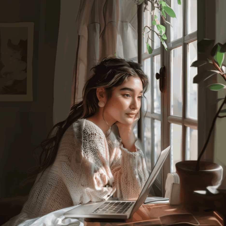 Woman in a cozy sweater, looking out a window with a laptop on the table.