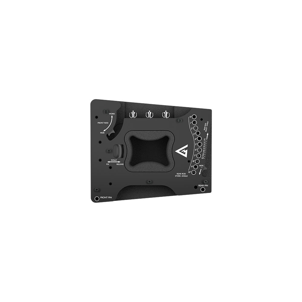Black camera component with dials and markings.