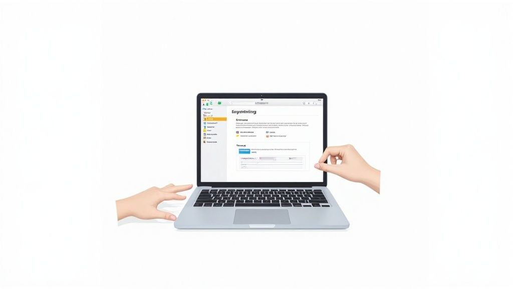 A person speaking into a microphone with a Mac laptop in the background, illustrating voice typing.