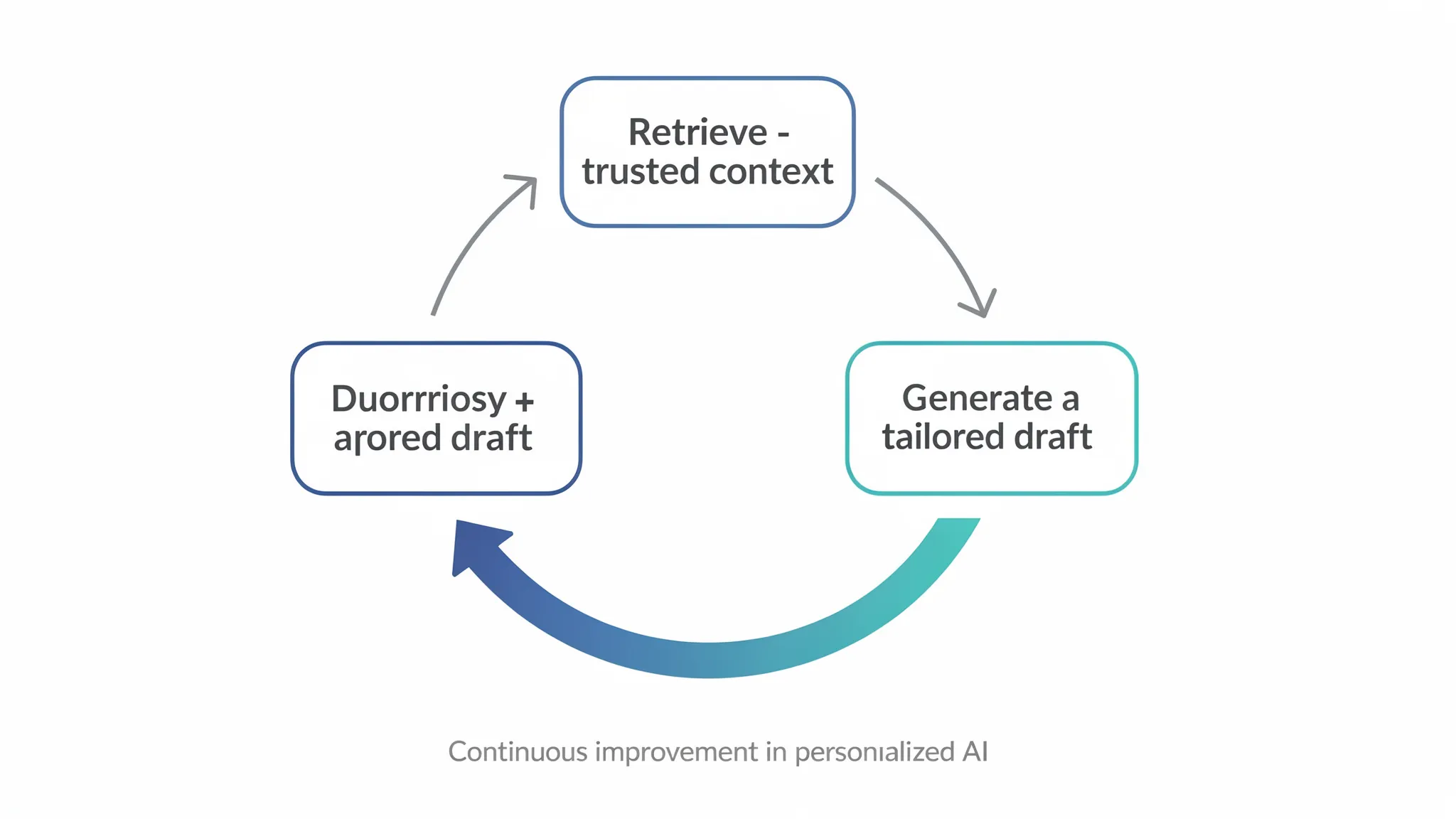 A simple diagram showing a three-step loop labeled “Retrieve trusted context,” “Generate a tailored draft,” and “Human approval + logging,” with arrows forming a cycle to represent continuous improvement in personalized AI.