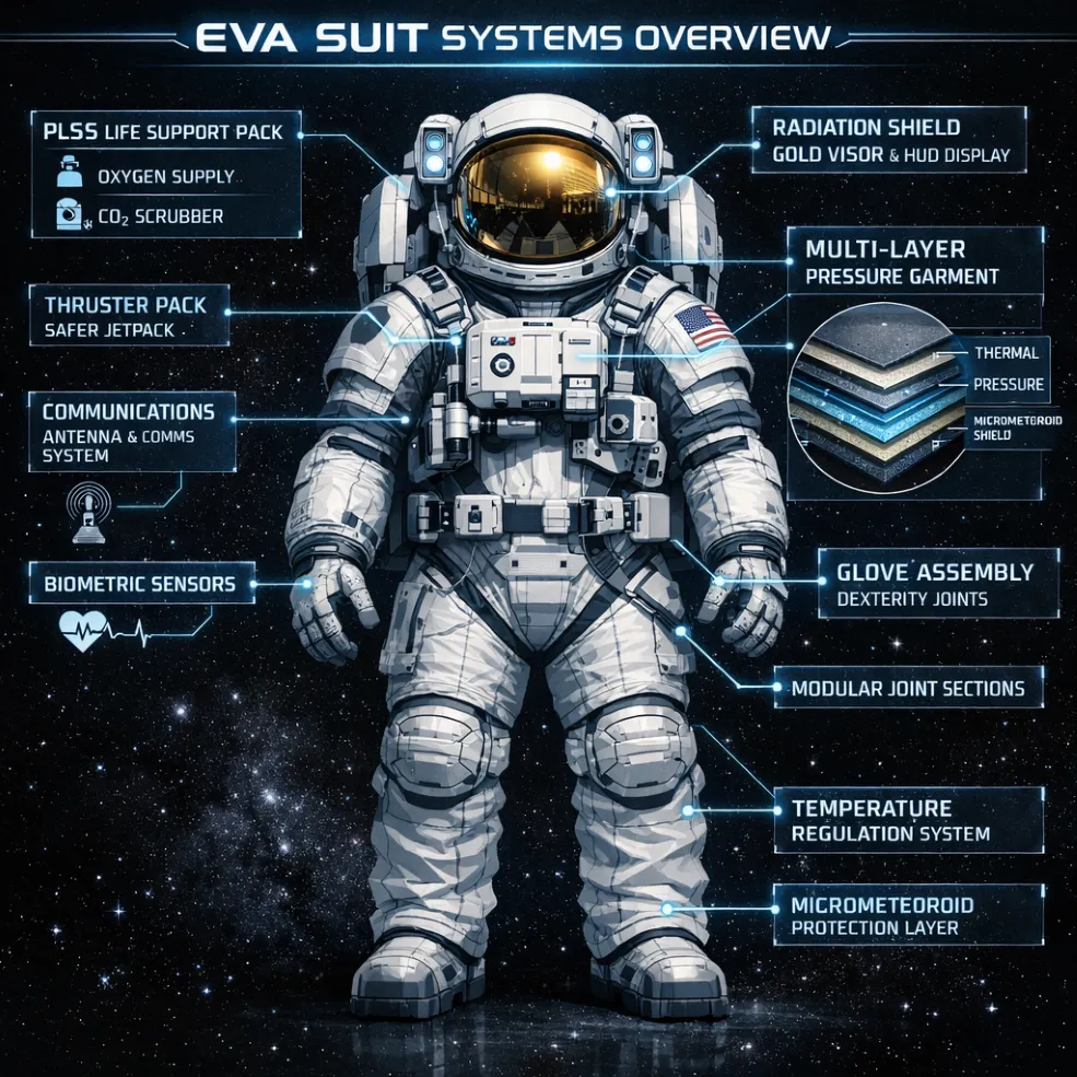 Astronaut wearing a detailed EVA suit in space with labelled features such as a life support pack, thruster jets, biometric sensors, and temperature regulation system.