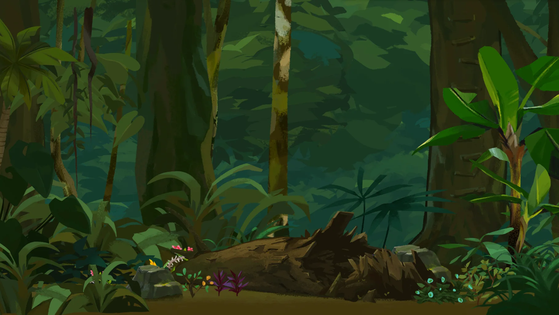Fundo de floresta amazônica com bananeiras, árvores, troncos e flores