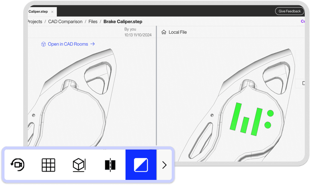 CAD diffing interface on CAD Rooms for product data management (PDM) software, visually comparing changes across versions of parts and assemblies for product data lifecycle management and product master data.