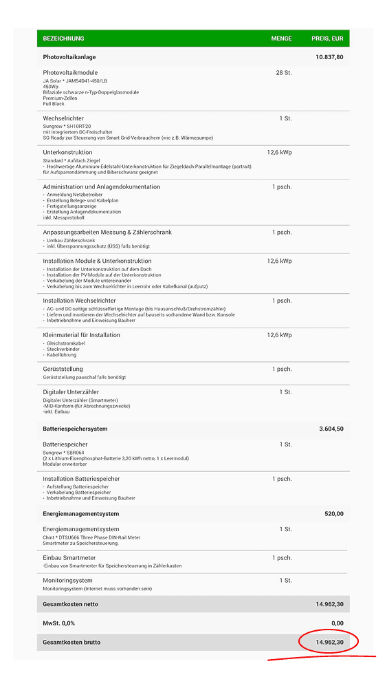 Eine Liste von Positionen mit zugehörigen Preisen und Beschreibungen, formatiert in einem Tabellenlayout.