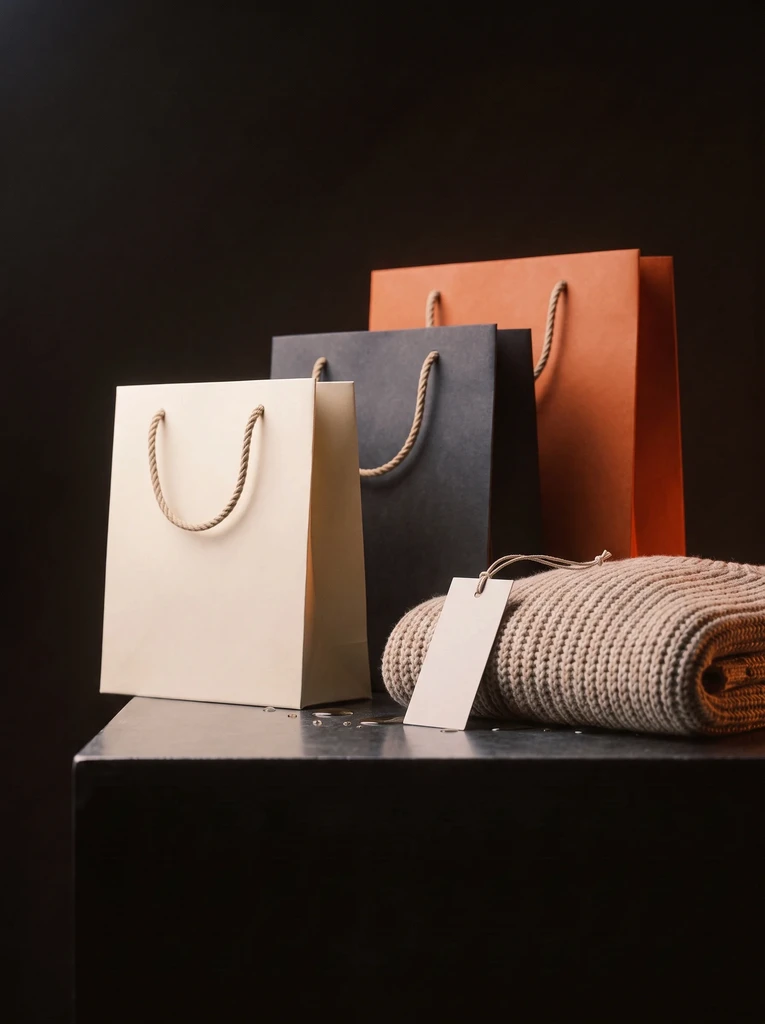 Paper shopping bags beside a folded sweater