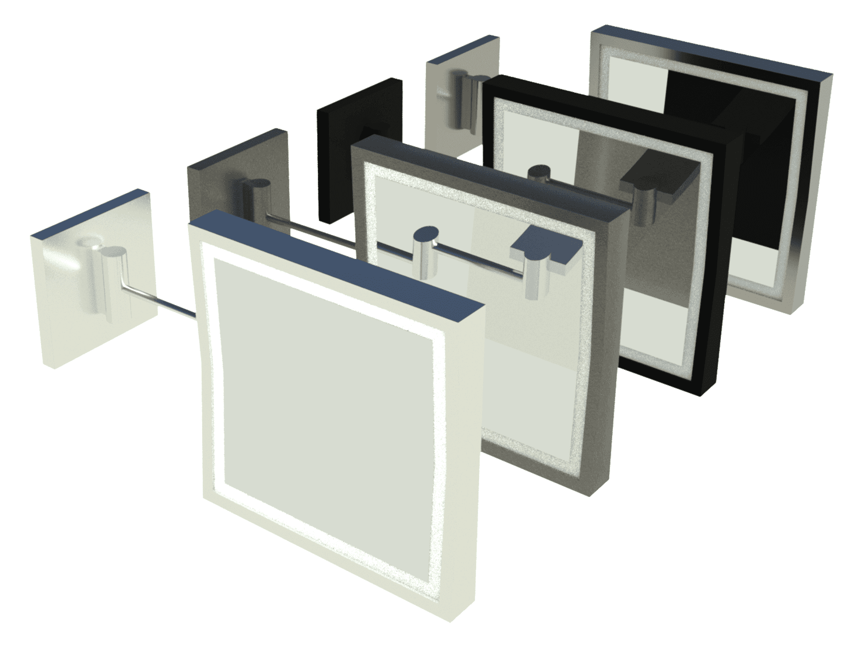 Revit ray-trace showing the four material finishes.