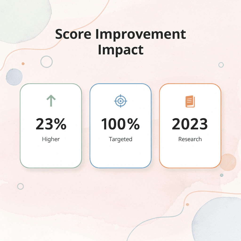 Statistics showing 23% higher score improvements with targeted preparation