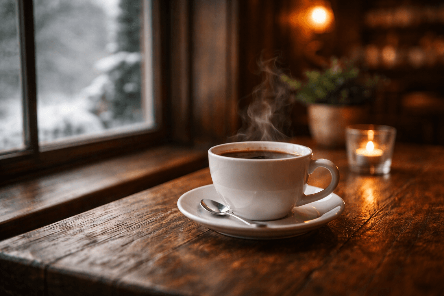 Steaming cup of hot coffee on a wooden table beside a window, with warm candlelight and a cozy café interior.