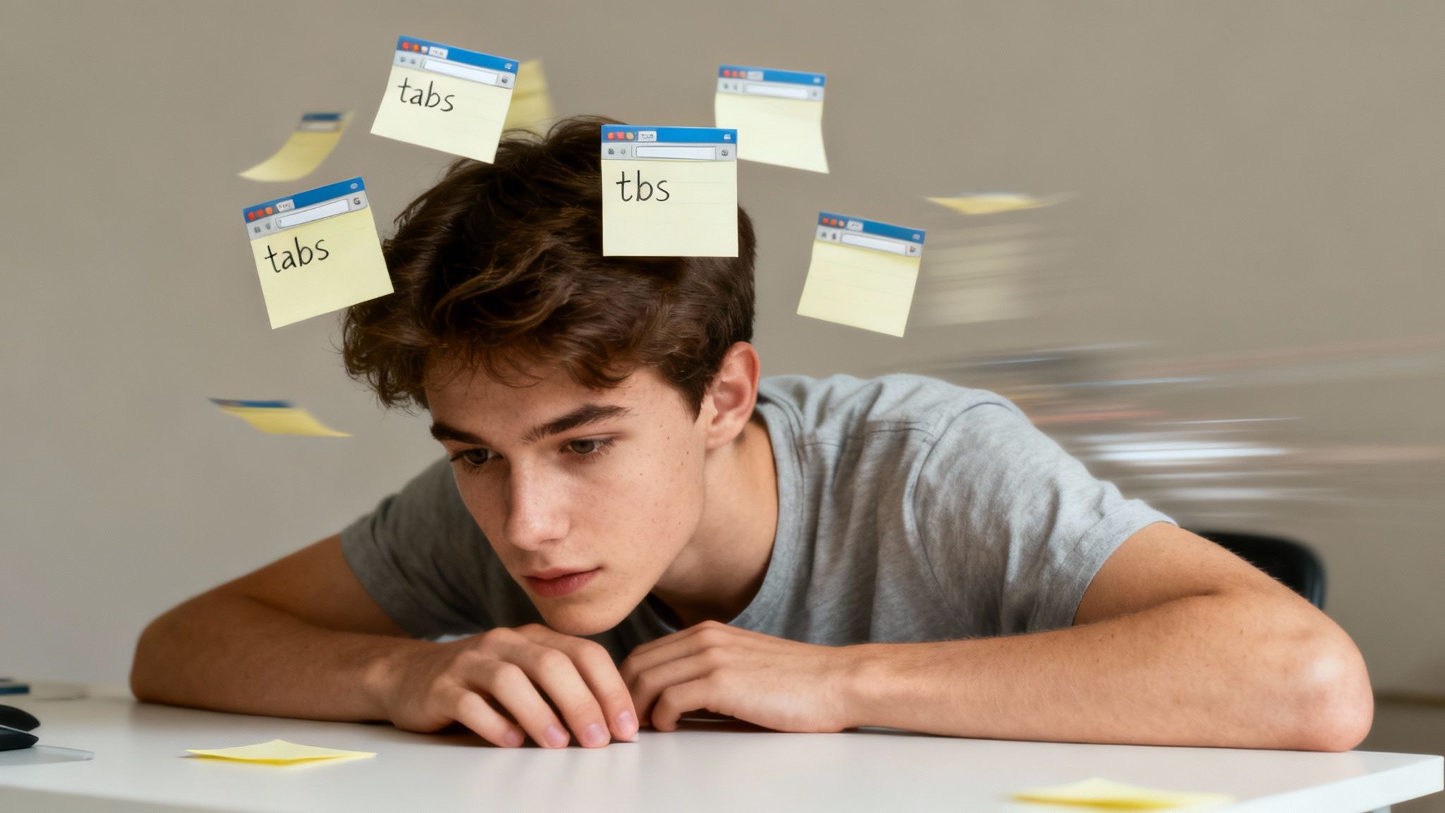 Overwhelmed student surrounded by floating browser tabs and sticky notes showing mental overload