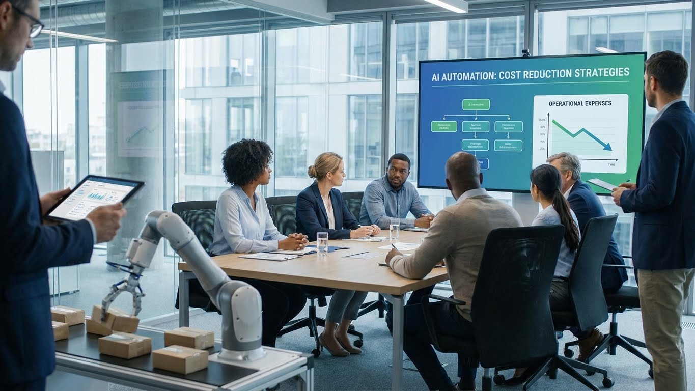 Business team reviewing AI automation strategies to reduce operational costs during a meeting