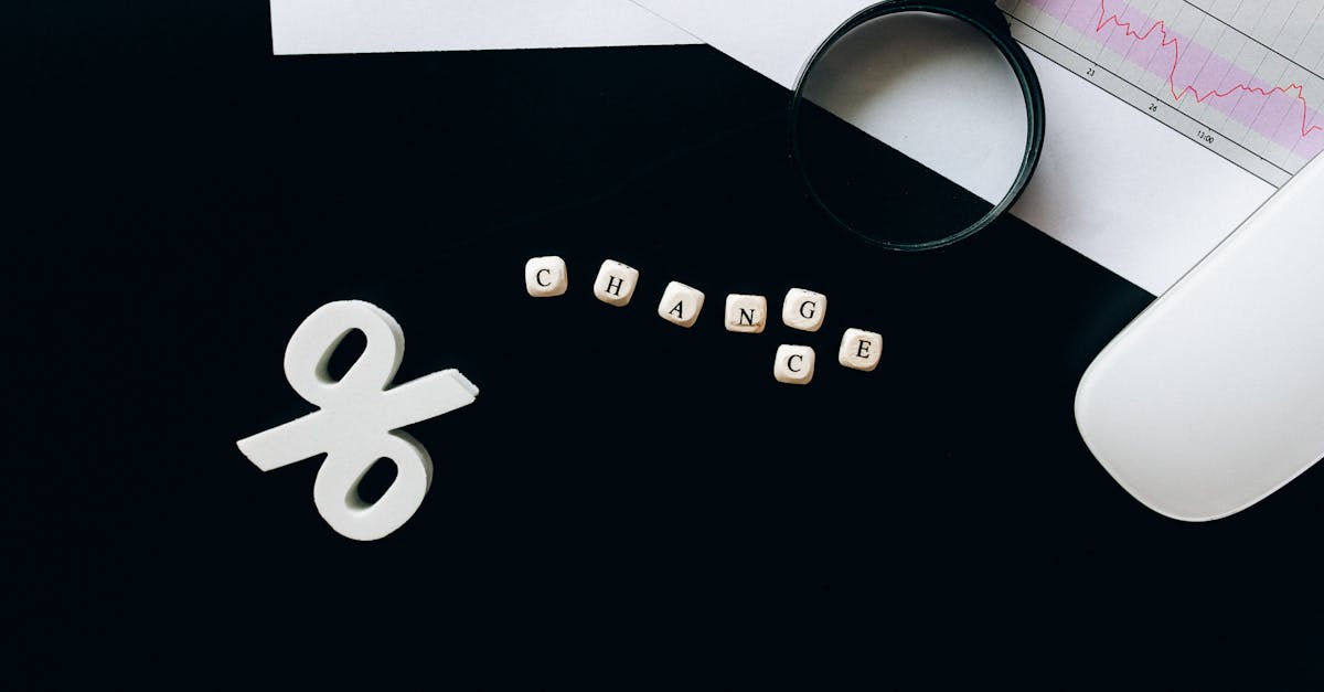 Scrabble tiles spelling CHANGE next to a percentage symbol on a dark desk with a financial chart in the background