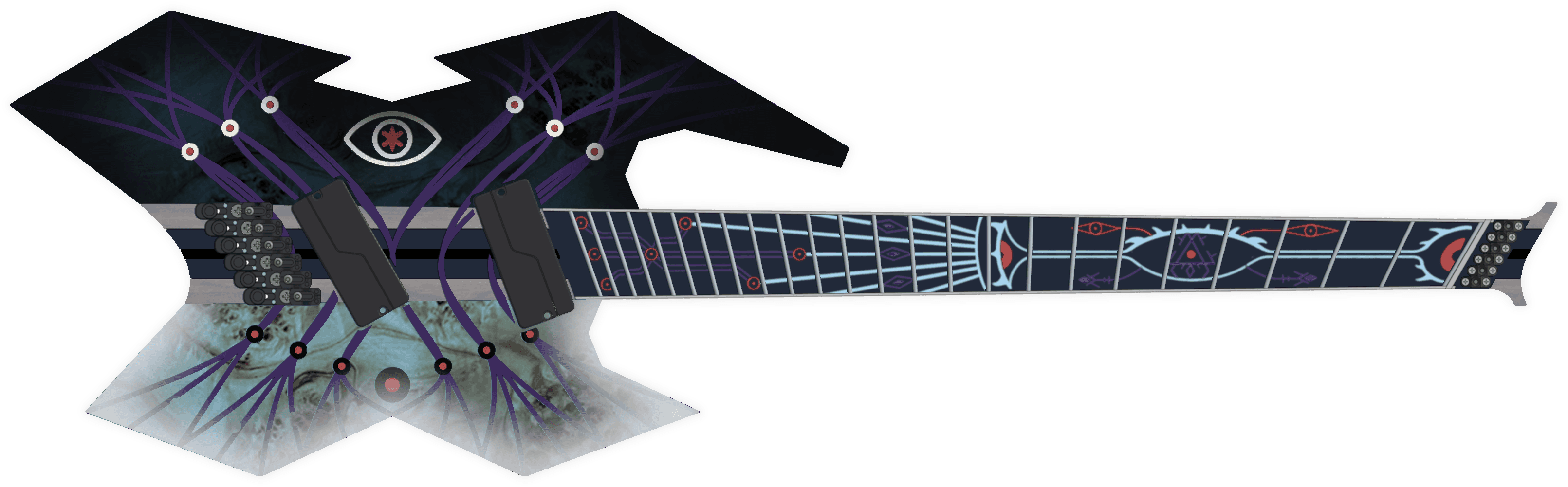 Genesis custom multiscale extended range guitar full body render with Yggdrasil body inlays, luminescent fretboard inlays, poplar burl top, and fanned fret headless design
