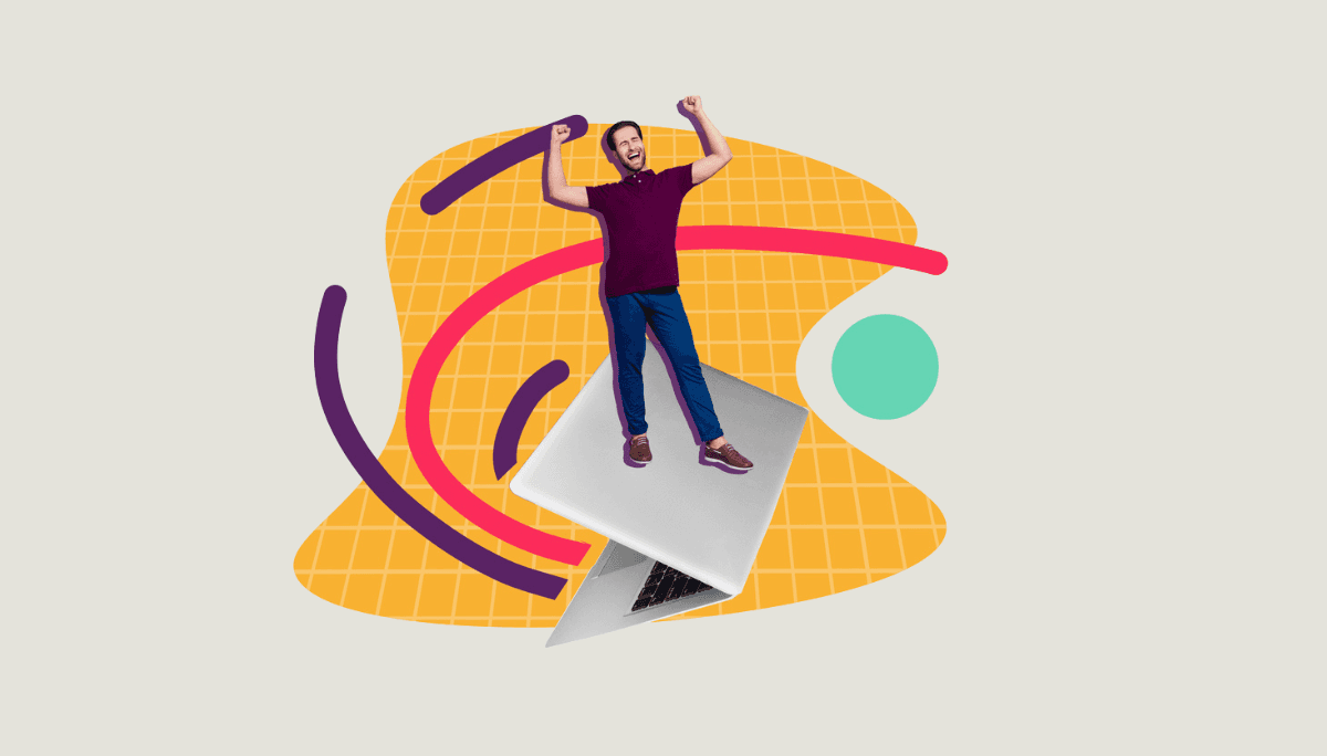 Stylized collage of person celebrating on laptop, used to depict career success through engineering portfolios.