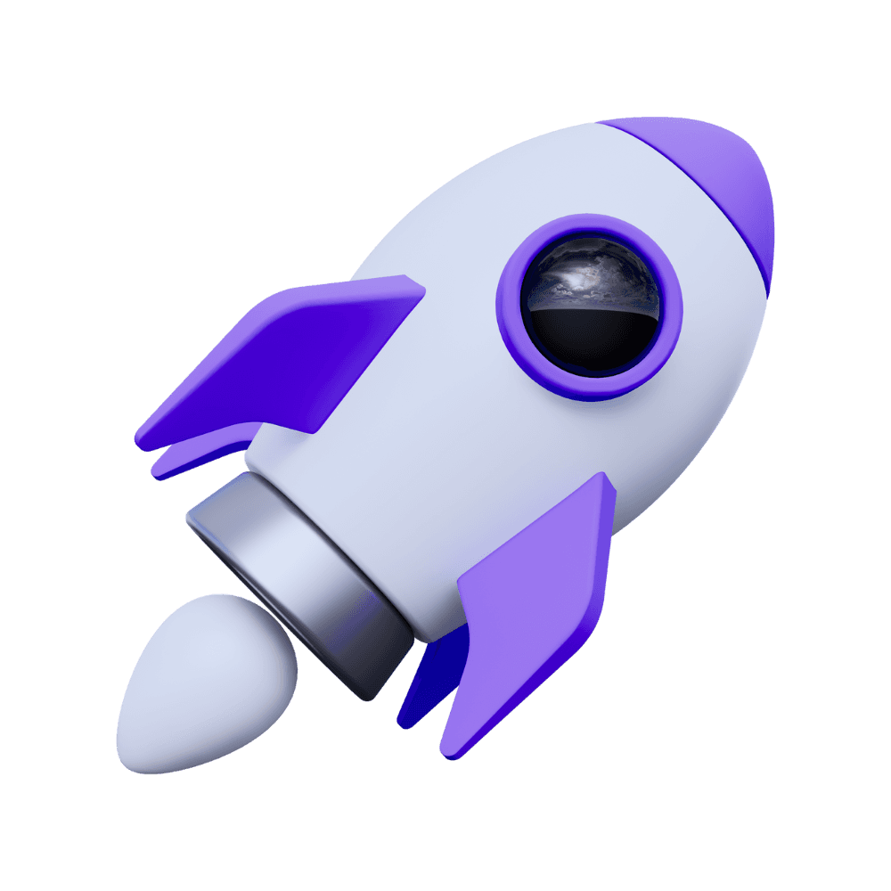 Purple rocket ship in 3d