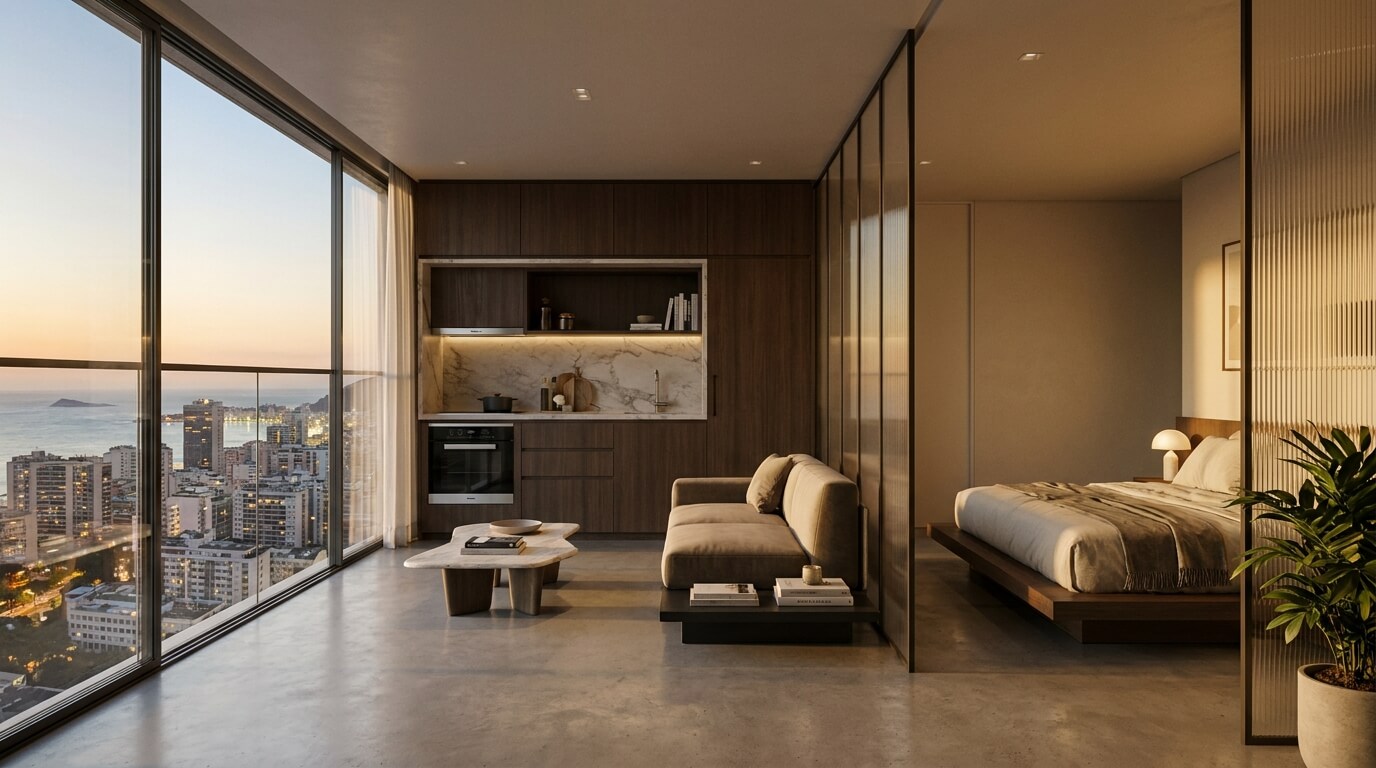 Fotografia realista do interior de um apartamento compacto de um dormitório luxuoso e moderno com vista para a cidade através de uma grande janela ao entardecer.